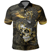 Mexico Quetzalcoatl Aztec Calendar Polo Shirt Black Gold Tribal Warrior Art