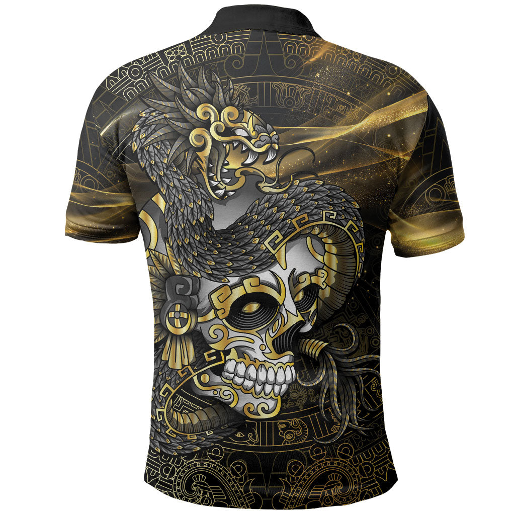 Mexico Quetzalcoatl Aztec Calendar Polo Shirt Black Gold Tribal Warrior Art