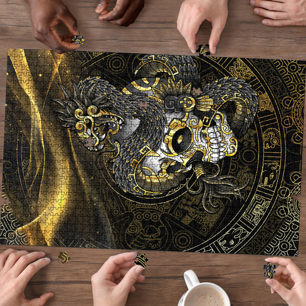 Mexico Quetzalcoatl Aztec Calendar Puzzle Black Gold Tribal Warrior Art