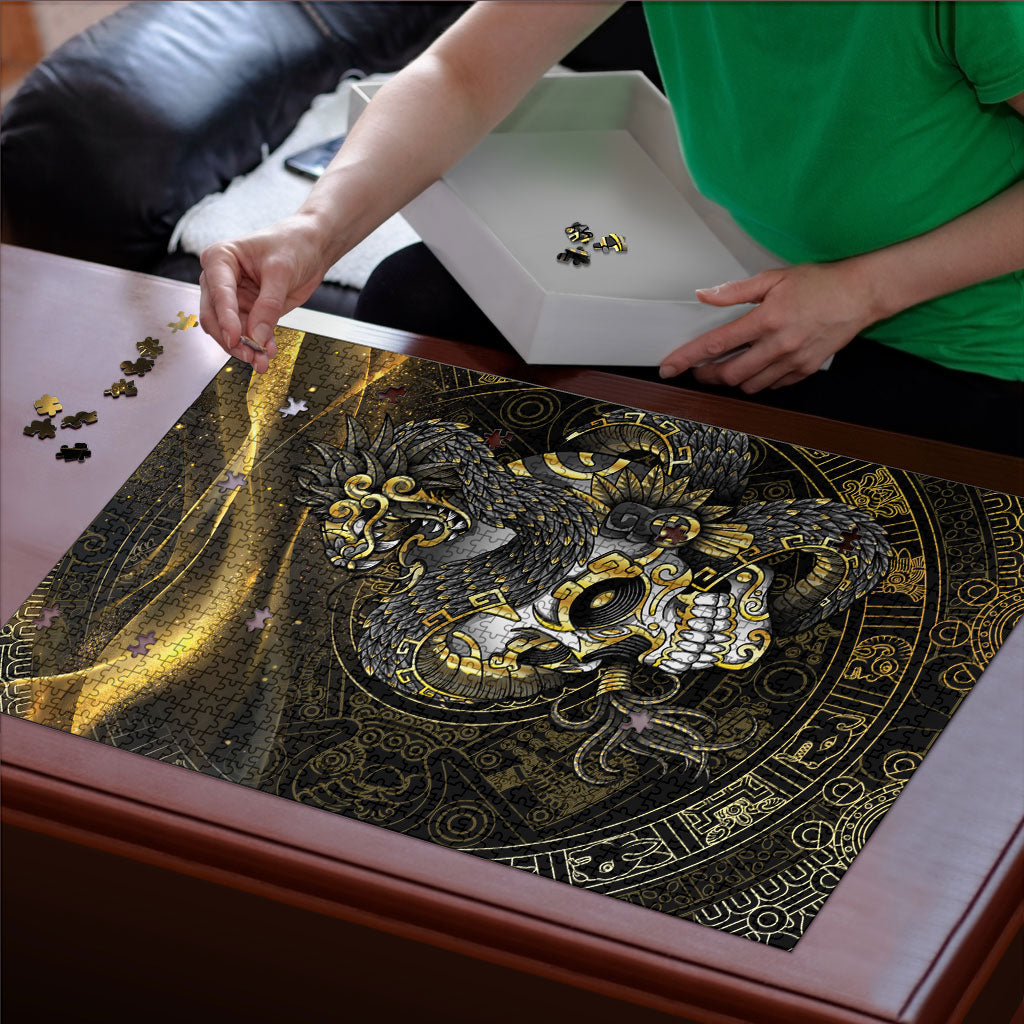 Mexico Quetzalcoatl Aztec Calendar Puzzle Black Gold Tribal Warrior Art