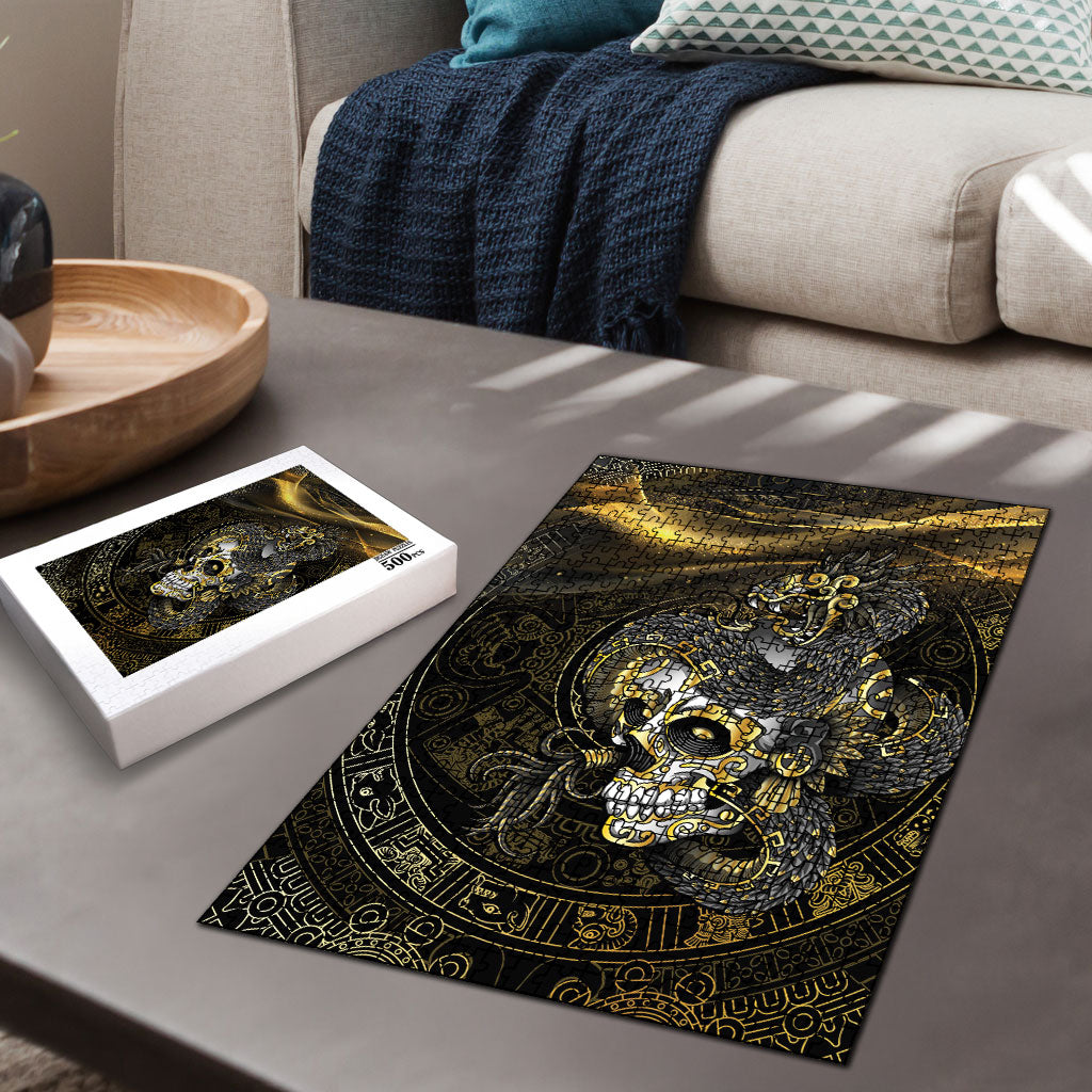 Mexico Quetzalcoatl Aztec Calendar Puzzle Black Gold Tribal Warrior Art