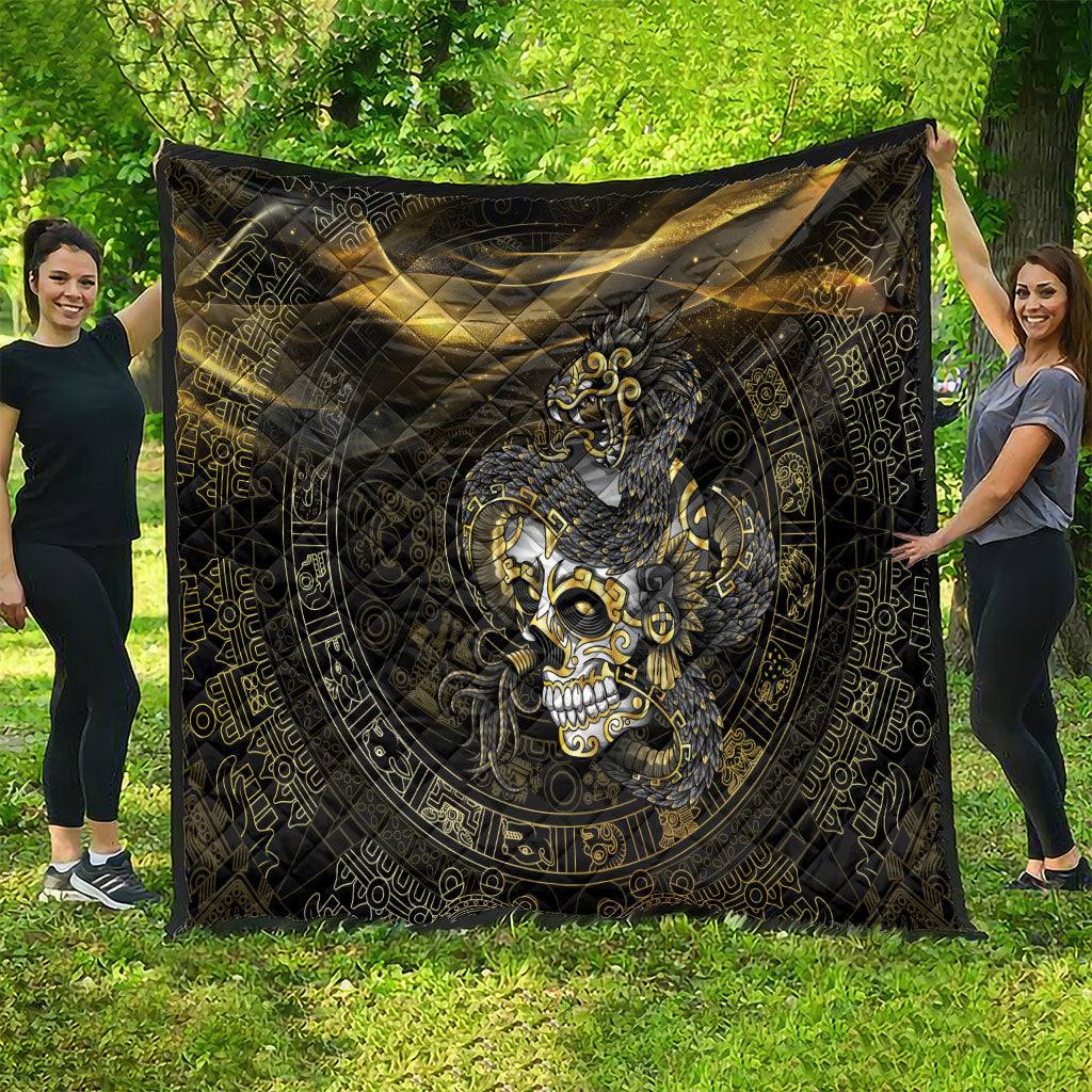 Mexico Quetzalcoatl Aztec Calendar Quilt Black Gold Tribal Warrior Art