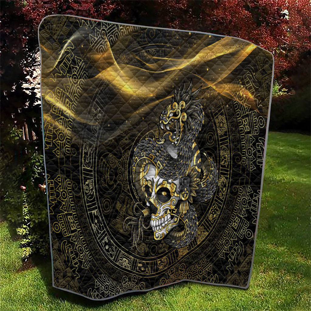 Mexico Quetzalcoatl Aztec Calendar Quilt Black Gold Tribal Warrior Art