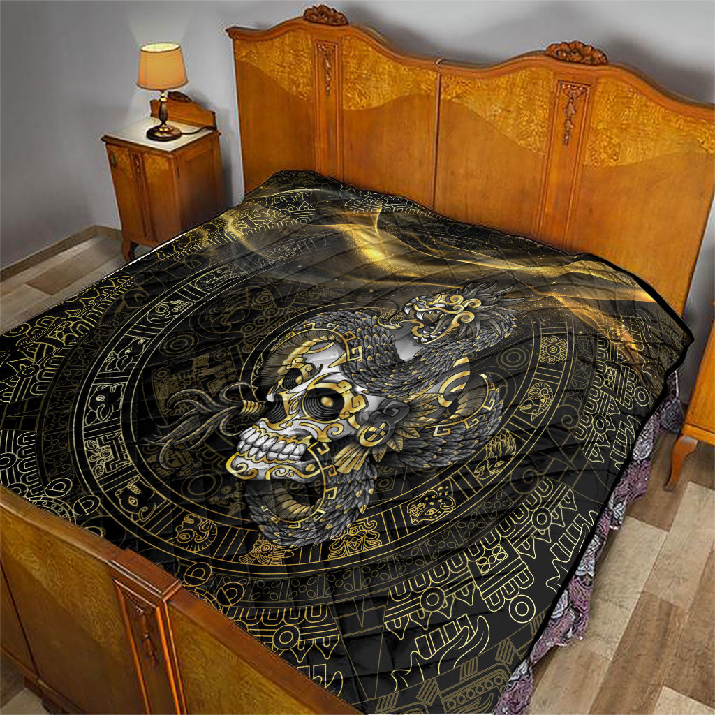 Mexico Quetzalcoatl Aztec Calendar Quilt Black Gold Tribal Warrior Art