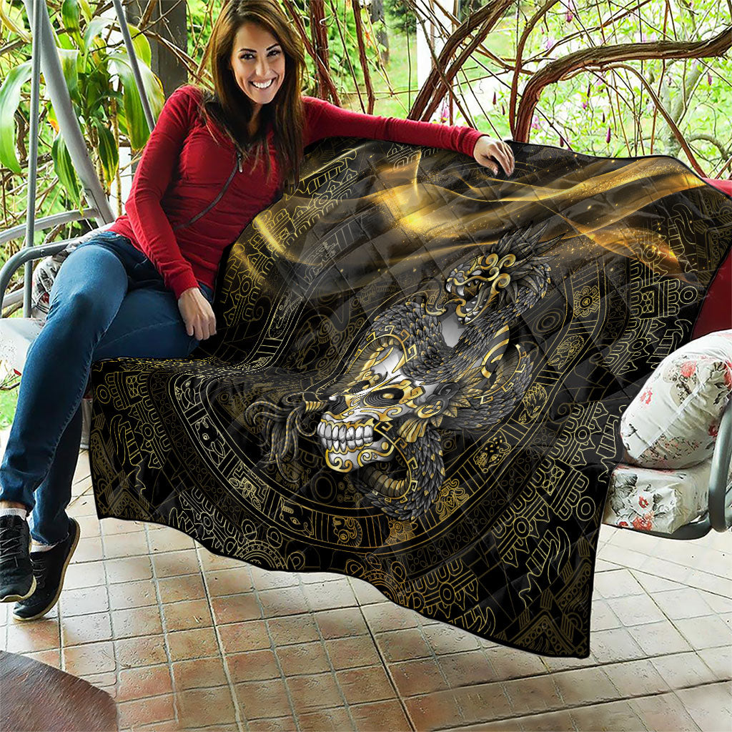 Mexico Quetzalcoatl Aztec Calendar Quilt Black Gold Tribal Warrior Art