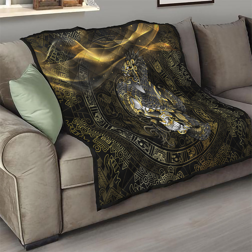 Mexico Quetzalcoatl Aztec Calendar Quilt Black Gold Tribal Warrior Art