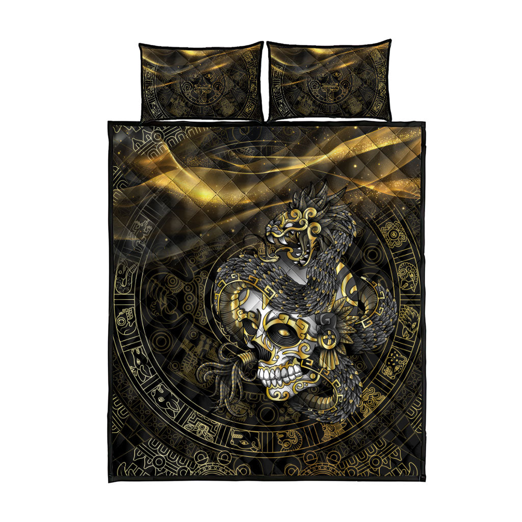 Mexico Quetzalcoatl Aztec Calendar Quilt Bed Set Black Gold Tribal Warrior Art