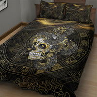 Mexico Quetzalcoatl Aztec Calendar Quilt Bed Set Black Gold Tribal Warrior Art