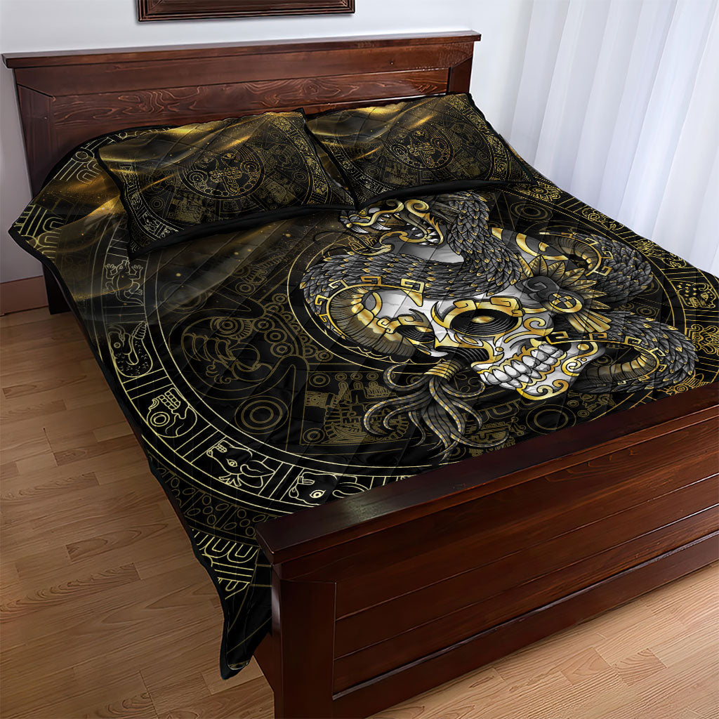 Mexico Quetzalcoatl Aztec Calendar Quilt Bed Set Black Gold Tribal Warrior Art