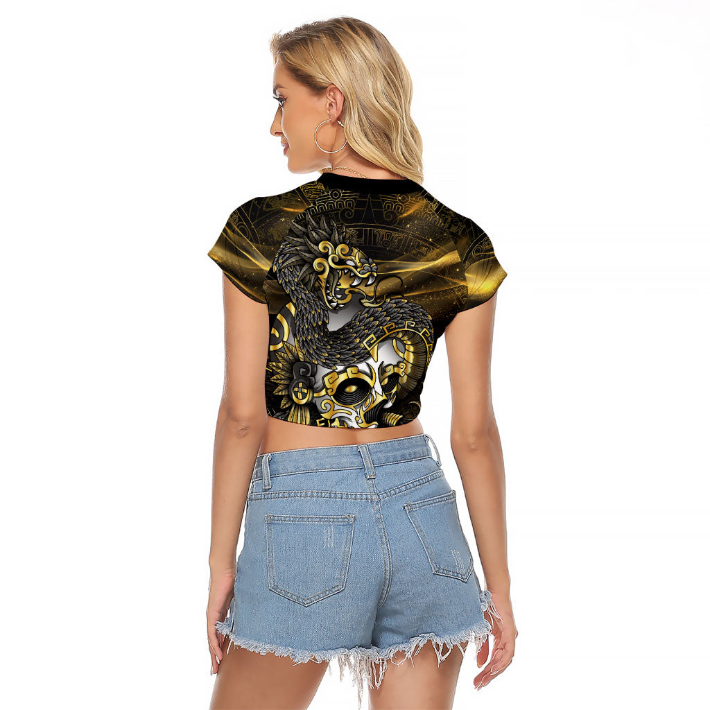 Mexico Quetzalcoatl Aztec Calendar Raglan Cropped T Shirt Black Gold Tribal Warrior Art