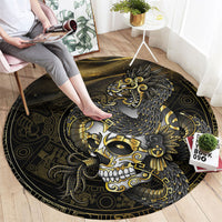 Mexico Quetzalcoatl Aztec Calendar Round Carpet Black Gold Tribal Warrior Art