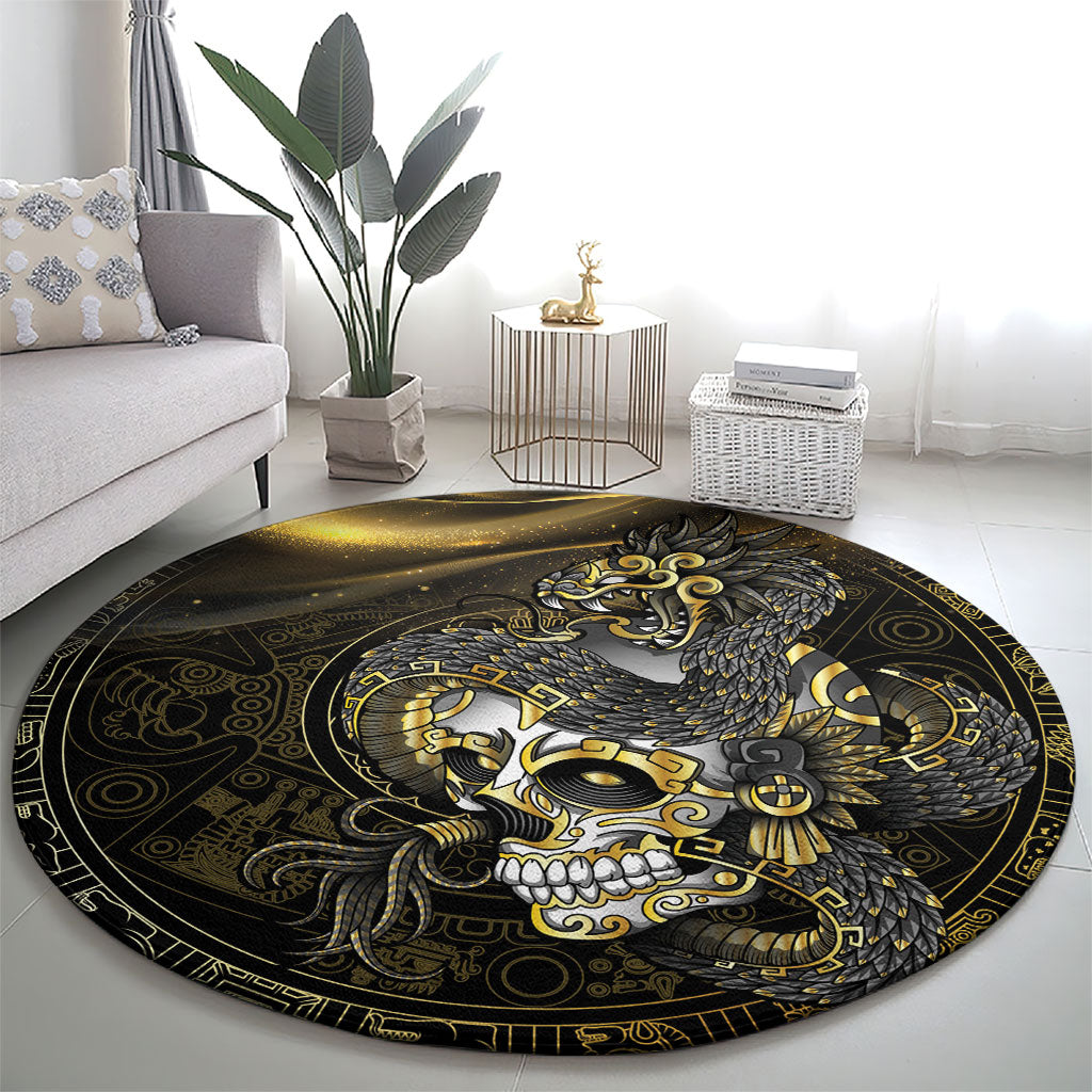 Mexico Quetzalcoatl Aztec Calendar Round Carpet Black Gold Tribal Warrior Art
