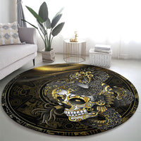 Mexico Quetzalcoatl Aztec Calendar Round Carpet Black Gold Tribal Warrior Art