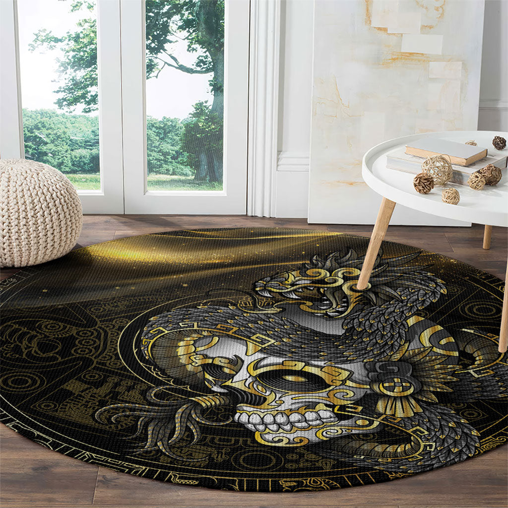 Mexico Quetzalcoatl Aztec Calendar Round Carpet Black Gold Tribal Warrior Art