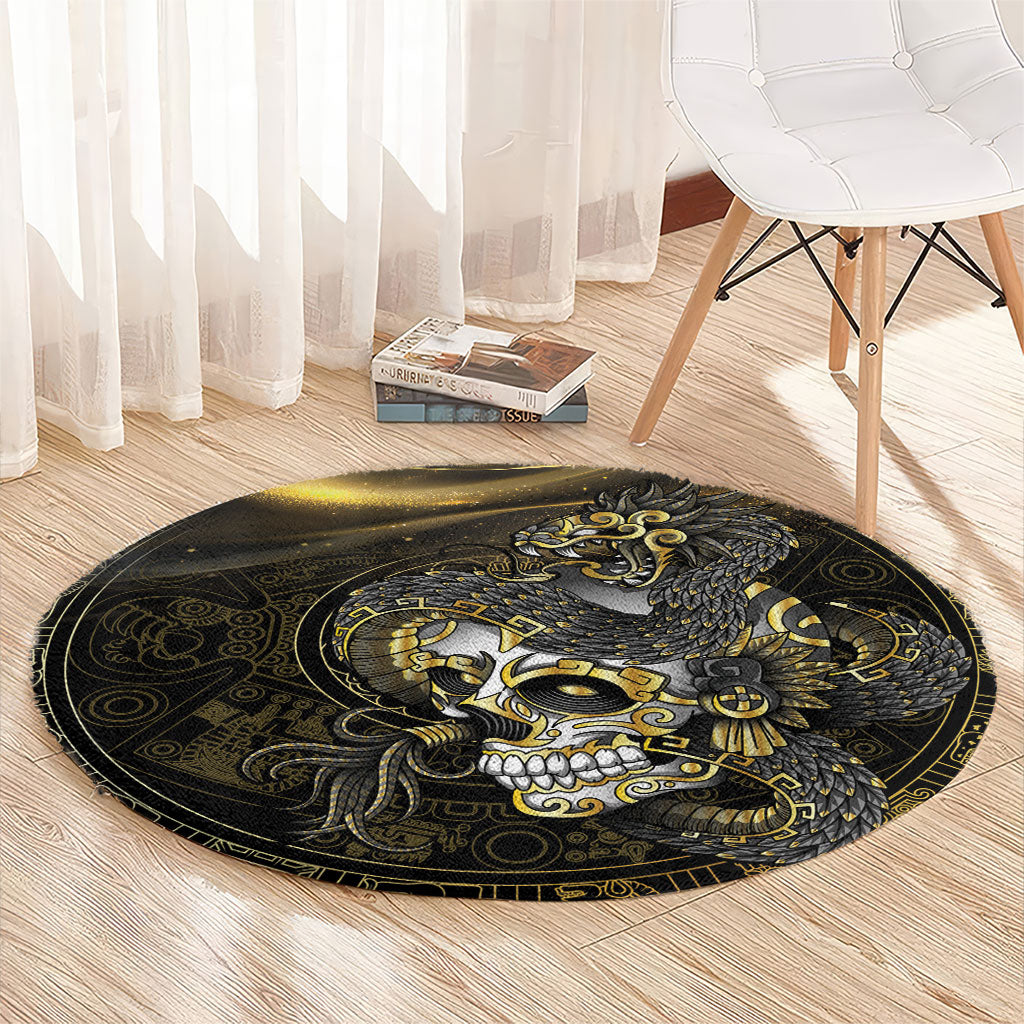 Mexico Quetzalcoatl Aztec Calendar Round Carpet Black Gold Tribal Warrior Art
