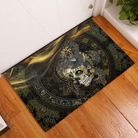 Mexico Quetzalcoatl Aztec Calendar Rubber Doormat Black Gold Tribal Warrior Art