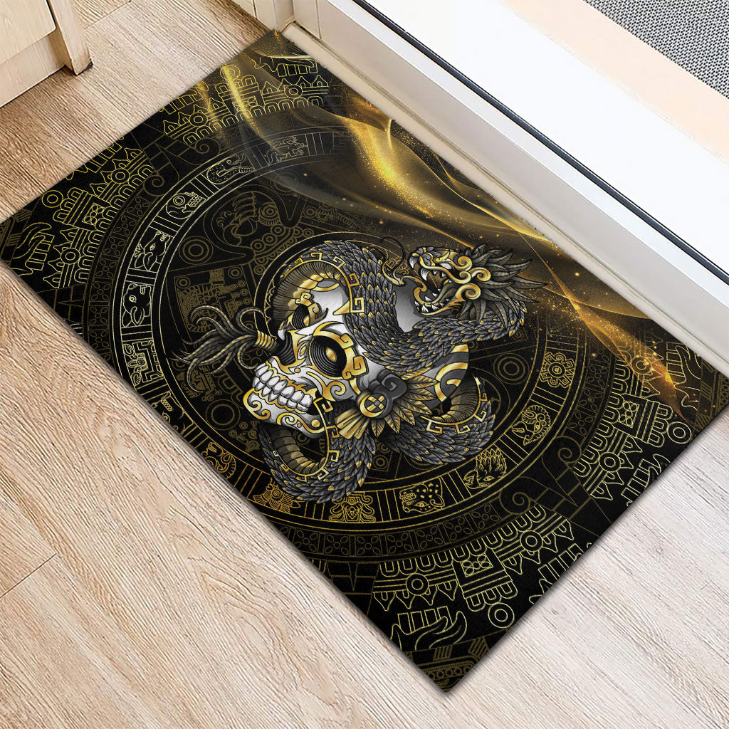 Mexico Quetzalcoatl Aztec Calendar Rubber Doormat Black Gold Tribal Warrior Art