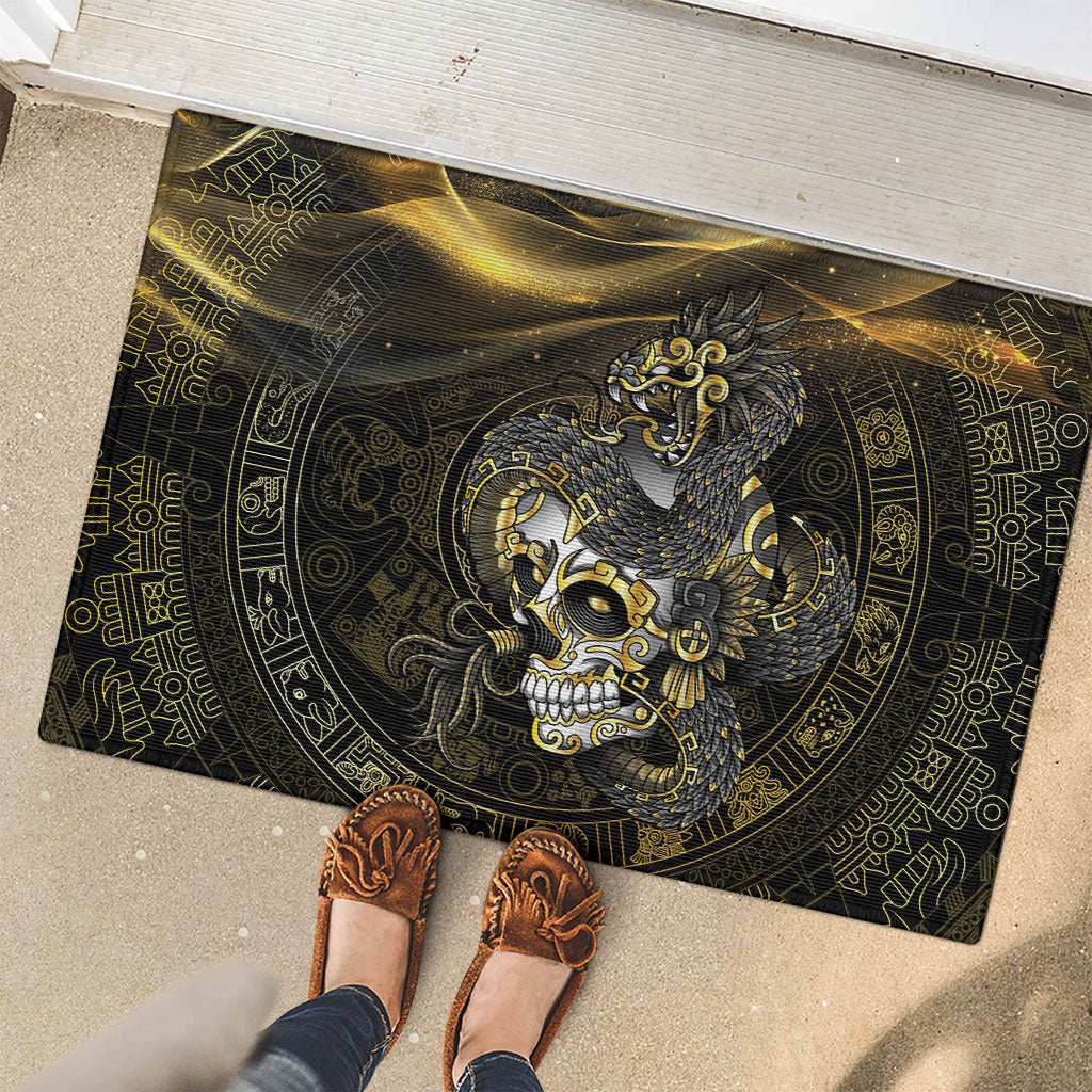 Mexico Quetzalcoatl Aztec Calendar Rubber Doormat Black Gold Tribal Warrior Art