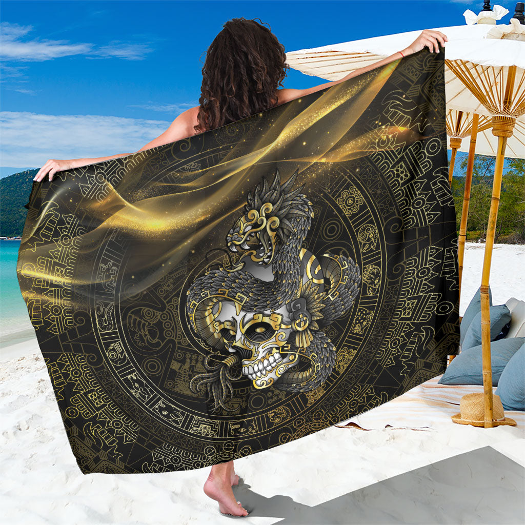 Mexico Quetzalcoatl Aztec Calendar Sarong Black Gold Tribal Warrior Art