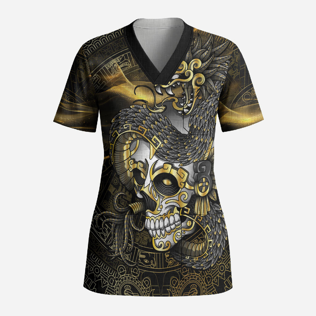 Mexico Quetzalcoatl Aztec Calendar Scrub Top Black Gold Tribal Warrior Art