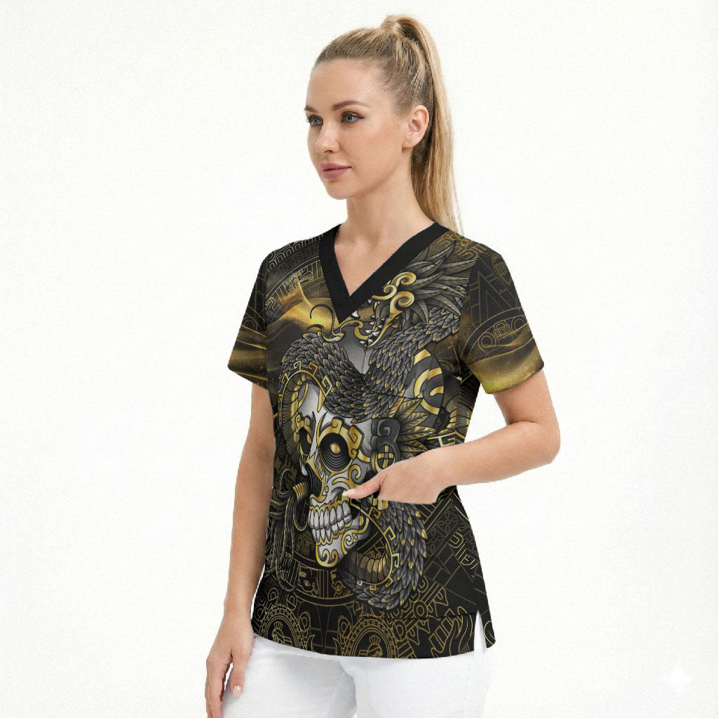 Mexico Quetzalcoatl Aztec Calendar Scrub Top Black Gold Tribal Warrior Art