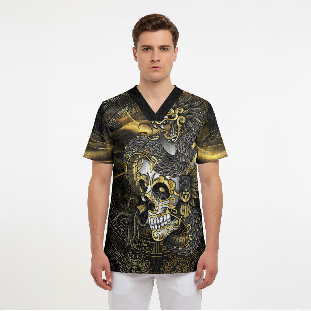 Mexico Quetzalcoatl Aztec Calendar Scrub Top Black Gold Tribal Warrior Art