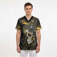 Mexico Quetzalcoatl Aztec Calendar Scrub Top Black Gold Tribal Warrior Art