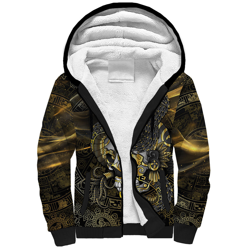 Mexico Quetzalcoatl Aztec Calendar Sherpa Hoodie Black Gold Tribal Warrior Art