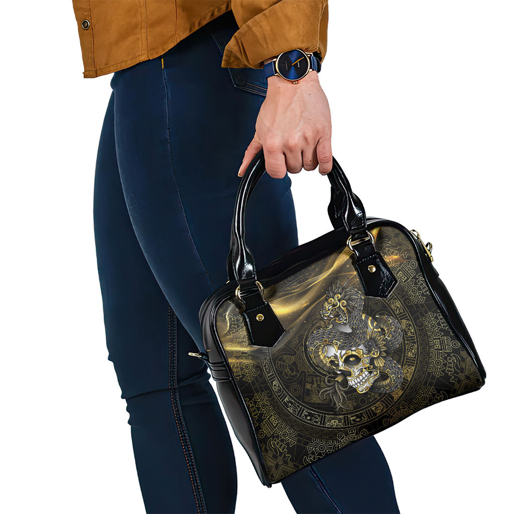 Mexico Quetzalcoatl Aztec Calendar Shoulder Handbag Black Gold Tribal Warrior Art