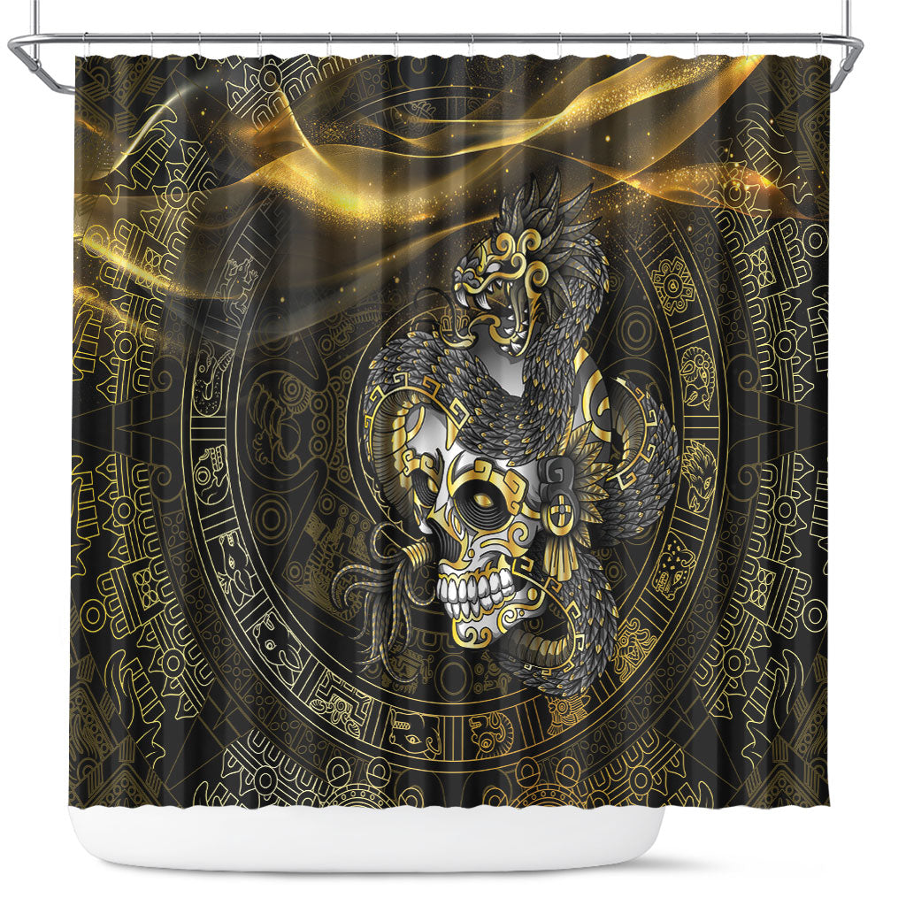 Mexico Quetzalcoatl Aztec Calendar Shower Curtain Black Gold Tribal Warrior Art