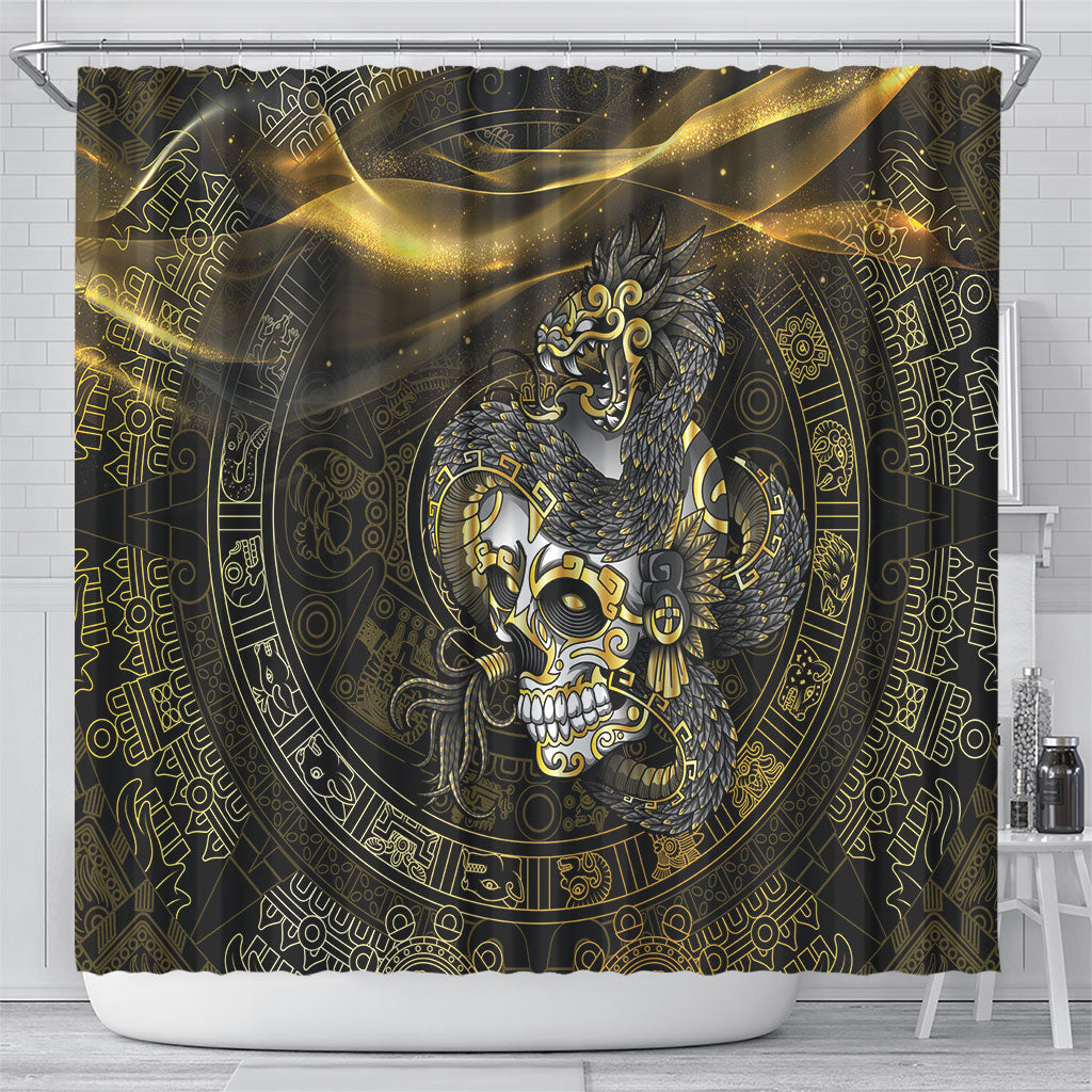 Mexico Quetzalcoatl Aztec Calendar Shower Curtain Black Gold Tribal Warrior Art