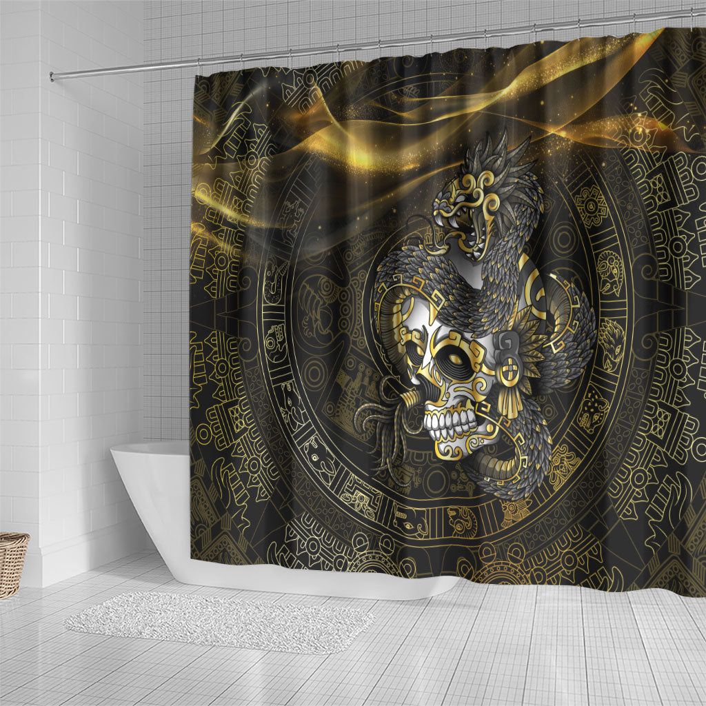Mexico Quetzalcoatl Aztec Calendar Shower Curtain Black Gold Tribal Warrior Art