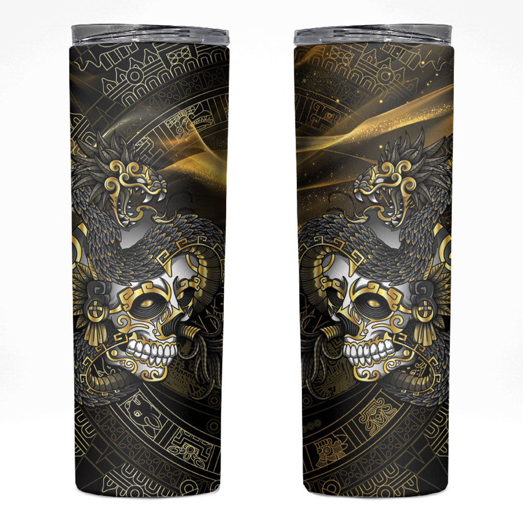 Mexico Quetzalcoatl Aztec Calendar Skinny Tumbler Black Gold Tribal Warrior Art