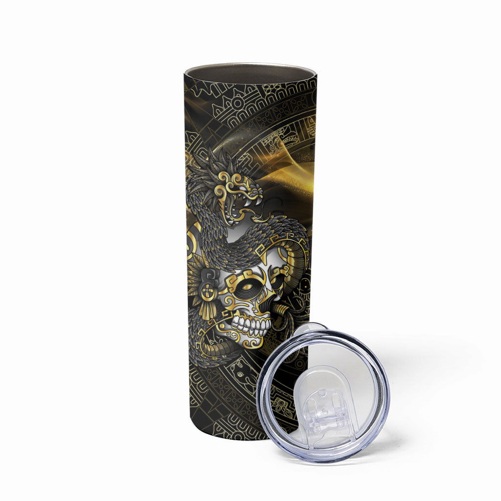 Mexico Quetzalcoatl Aztec Calendar Skinny Tumbler Black Gold Tribal Warrior Art