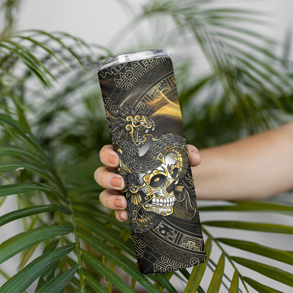 Mexico Quetzalcoatl Aztec Calendar Skinny Tumbler Black Gold Tribal Warrior Art