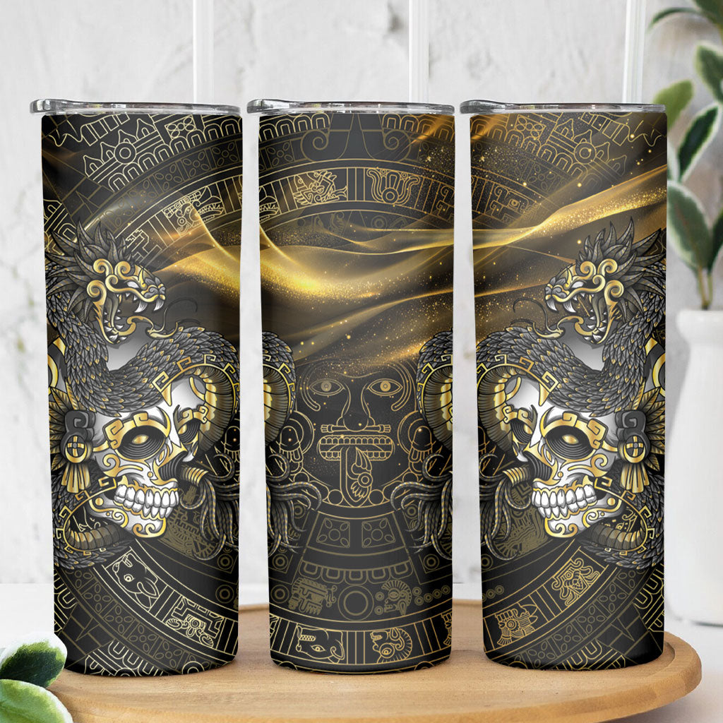 Mexico Quetzalcoatl Aztec Calendar Skinny Tumbler Black Gold Tribal Warrior Art