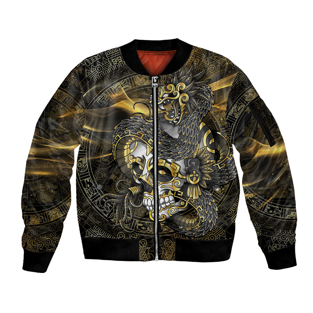 Mexico Quetzalcoatl Aztec Calendar Sleeve Zip Bomber Jacket Black Gold Tribal Warrior Art