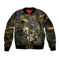 Mexico Quetzalcoatl Aztec Calendar Sleeve Zip Bomber Jacket Black Gold Tribal Warrior Art