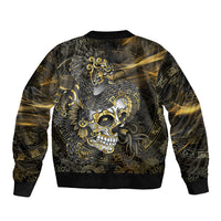 Mexico Quetzalcoatl Aztec Calendar Sleeve Zip Bomber Jacket Black Gold Tribal Warrior Art