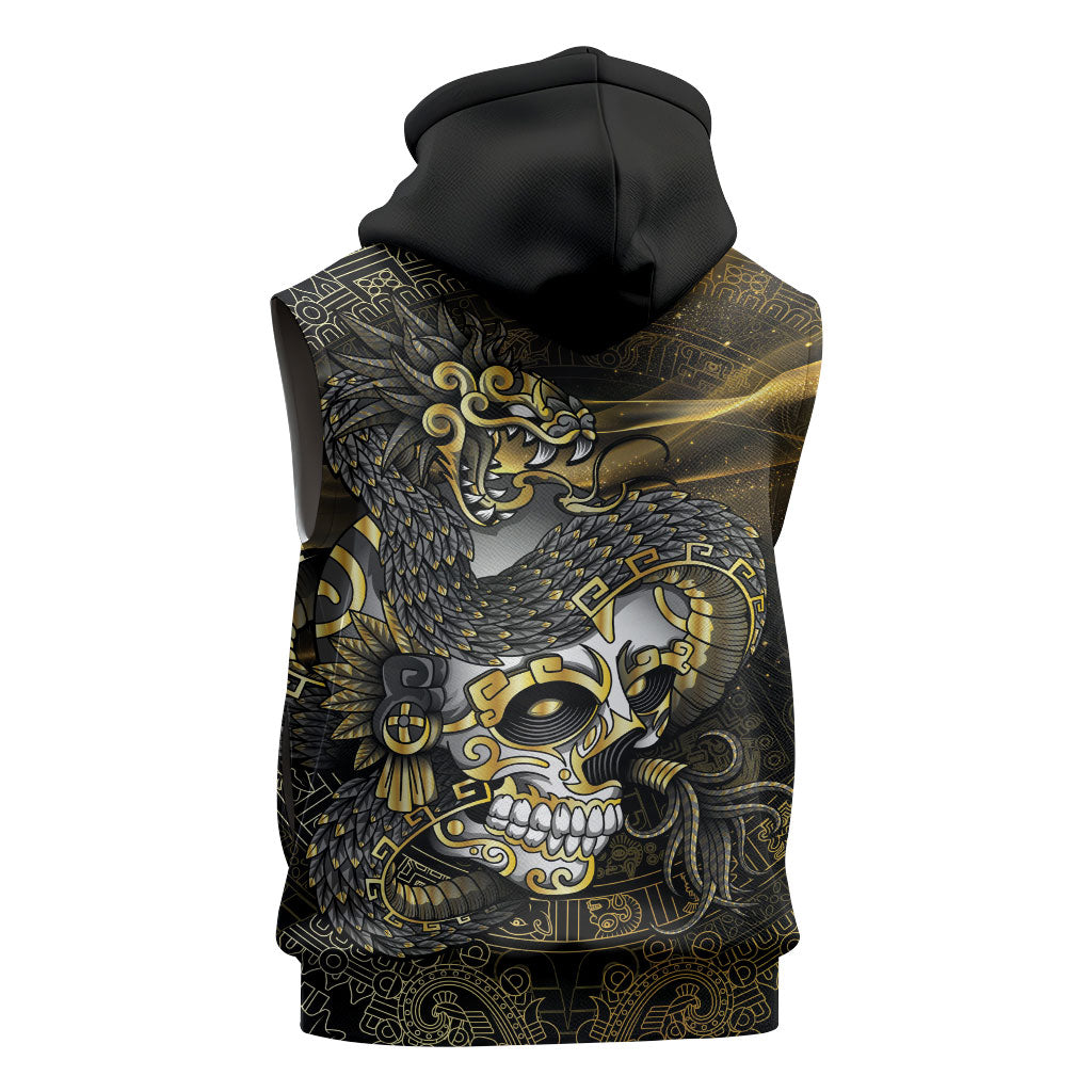 Mexico Quetzalcoatl Aztec Calendar Sleeveless Hoodie Black Gold Tribal Warrior Art