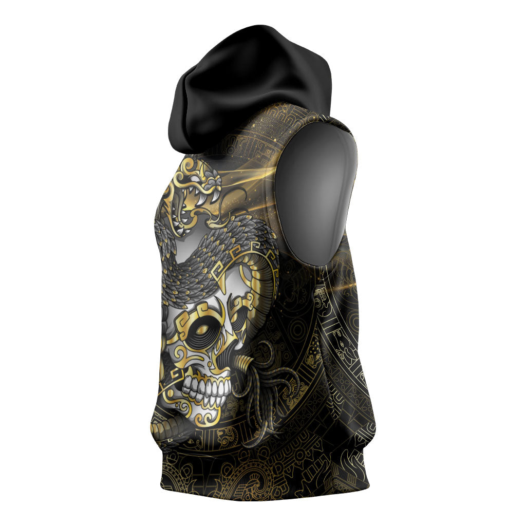 Mexico Quetzalcoatl Aztec Calendar Sleeveless Hoodie Black Gold Tribal Warrior Art