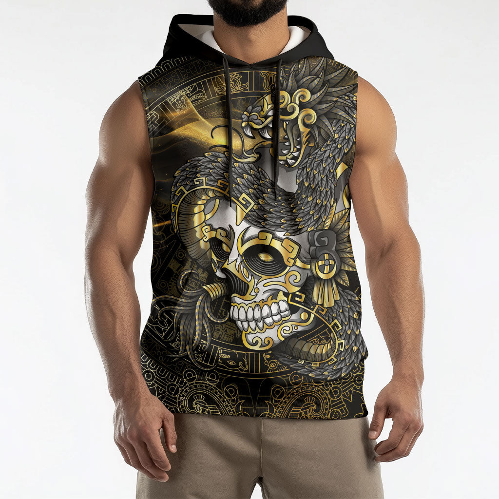 Mexico Quetzalcoatl Aztec Calendar Sleeveless Hoodie Black Gold Tribal Warrior Art