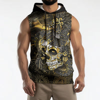 Mexico Quetzalcoatl Aztec Calendar Sleeveless Hoodie Black Gold Tribal Warrior Art