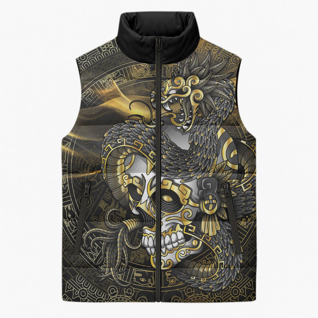 Mexico Quetzalcoatl Aztec Calendar Sleeveless Puffer Jacket Black Gold Tribal Warrior Art