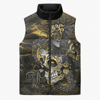 Mexico Quetzalcoatl Aztec Calendar Sleeveless Puffer Jacket Black Gold Tribal Warrior Art