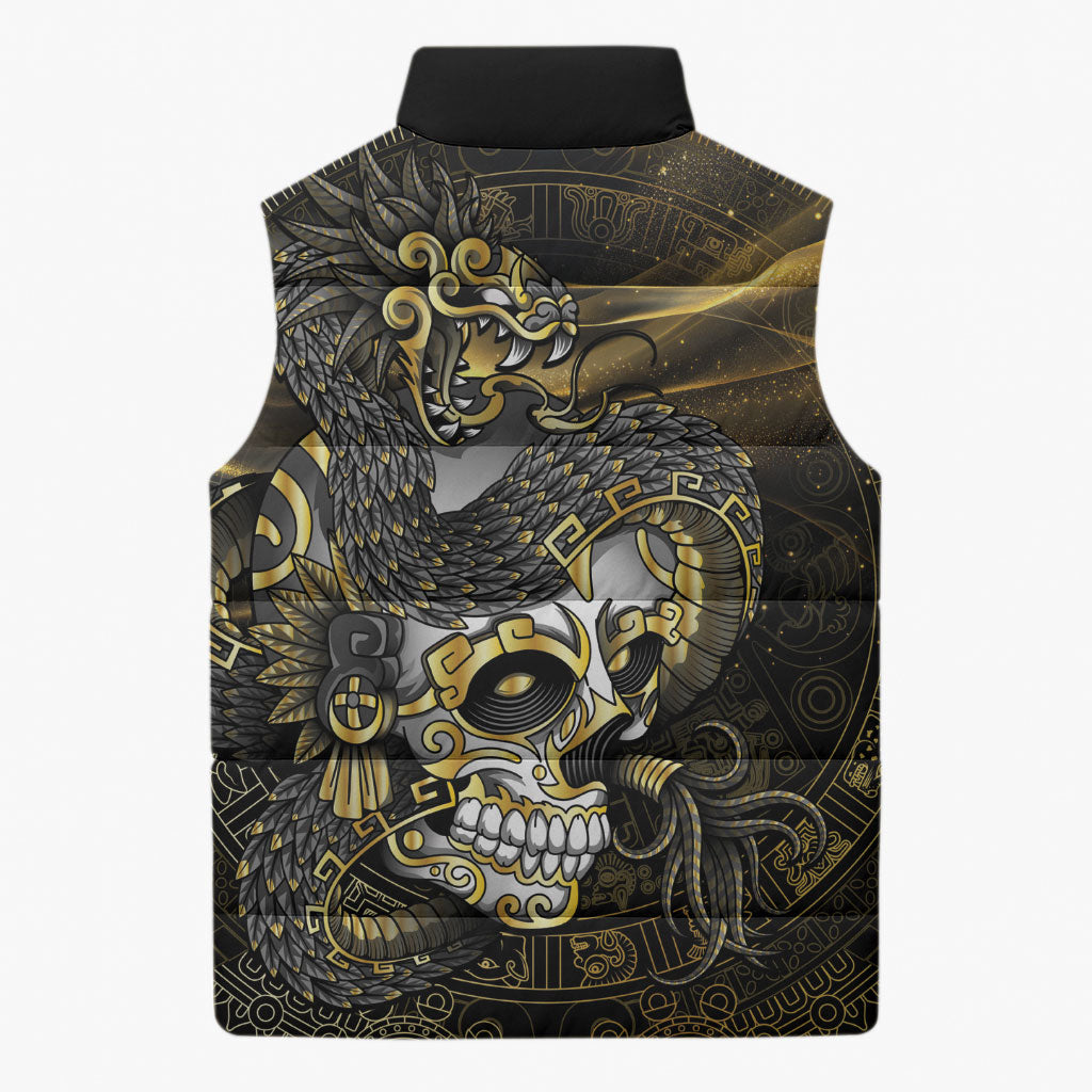 Mexico Quetzalcoatl Aztec Calendar Sleeveless Puffer Jacket Black Gold Tribal Warrior Art