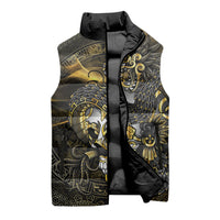 Mexico Quetzalcoatl Aztec Calendar Sleeveless Puffer Jacket Black Gold Tribal Warrior Art