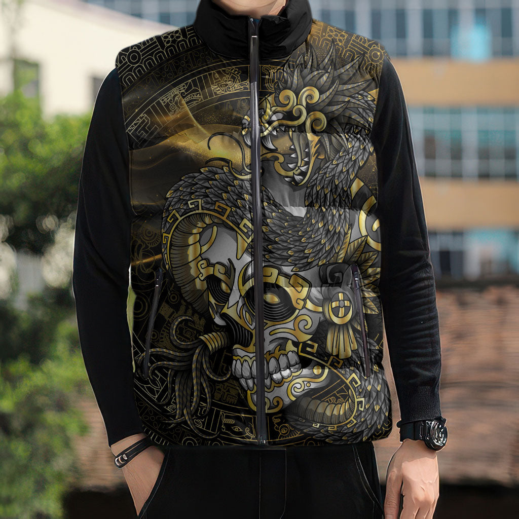 Mexico Quetzalcoatl Aztec Calendar Sleeveless Puffer Jacket Black Gold Tribal Warrior Art