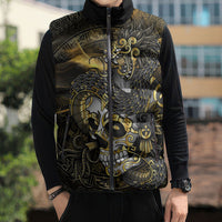 Mexico Quetzalcoatl Aztec Calendar Sleeveless Puffer Jacket Black Gold Tribal Warrior Art