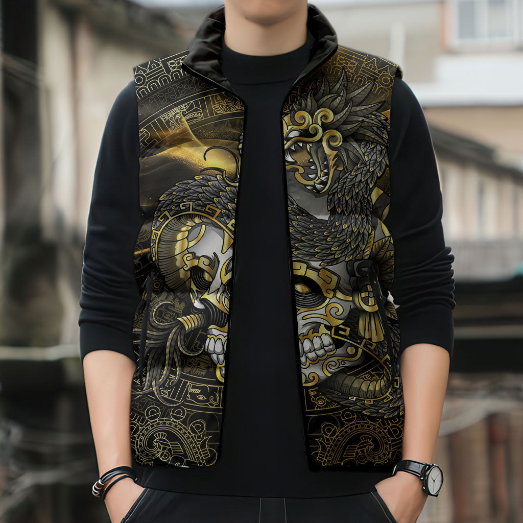 Mexico Quetzalcoatl Aztec Calendar Sleeveless Puffer Jacket Black Gold Tribal Warrior Art